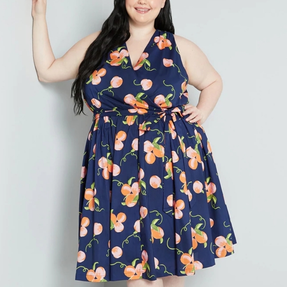 NWT ModCloth faux wrap cotton dress peaches on navy dress with pockets 12
